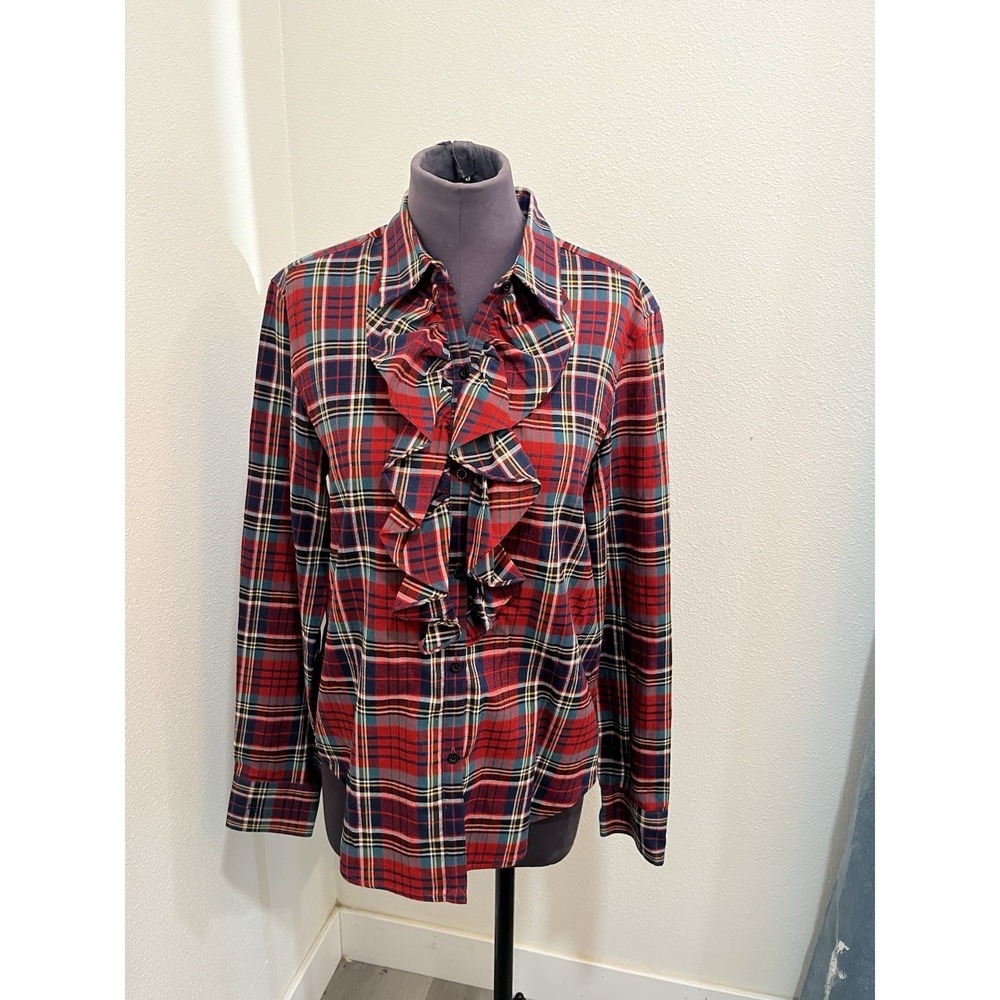 Ralph Lauren Women's Plaid‎  Red Frill Button Down Size M Collared Neck Line